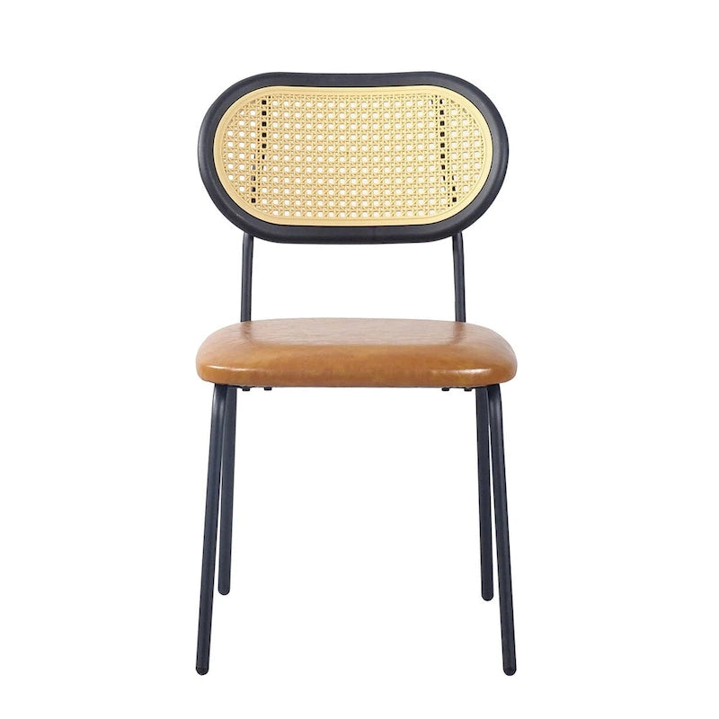 Chaise de salle à manger en cuir PU, assise rembourrée, dossier en rotin, pieds en métal noir, marron
