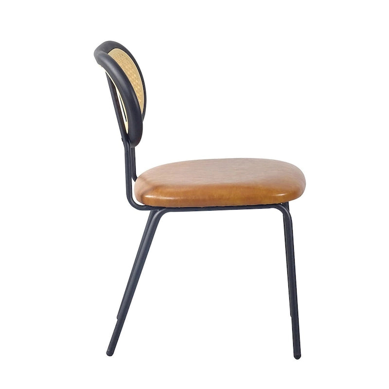 Chaise de salle à manger en cuir PU, assise rembourrée, dossier en rotin, pieds en métal noir, marron