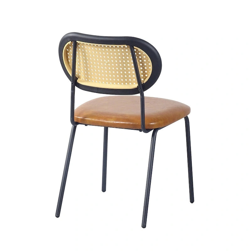 Chaise de salle à manger en cuir PU, assise rembourrée, dossier en rotin, pieds en métal noir, marron