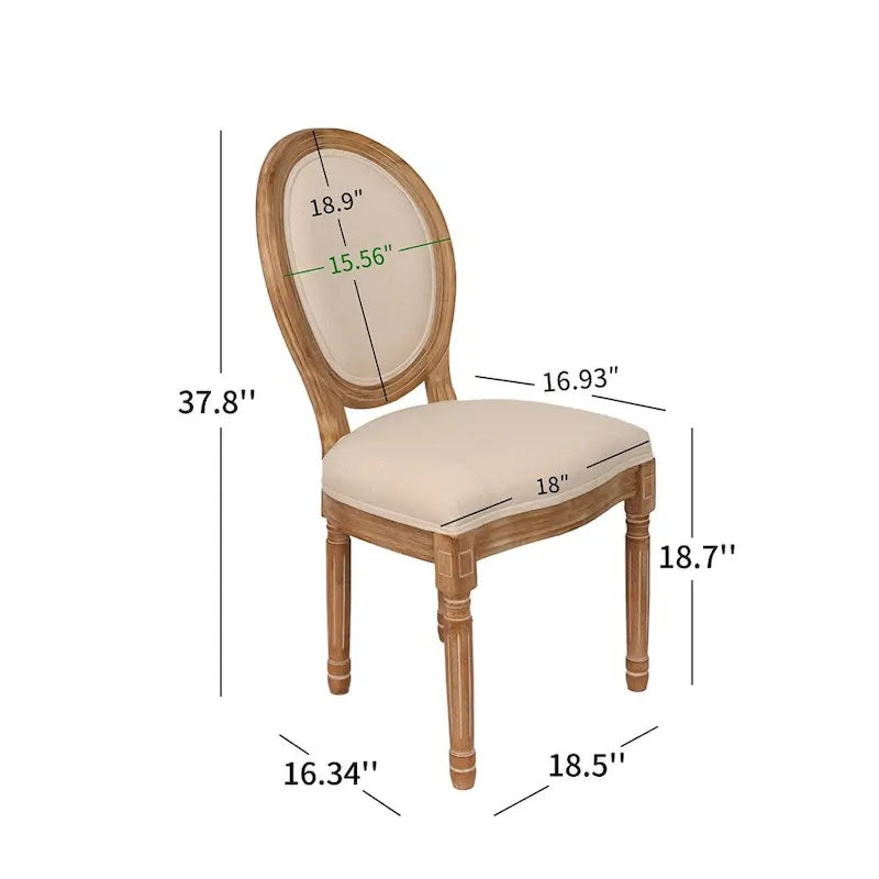 Vintage Round Back Upholstered Dining Chair Rubber Wood Linen Antique Grey Cream