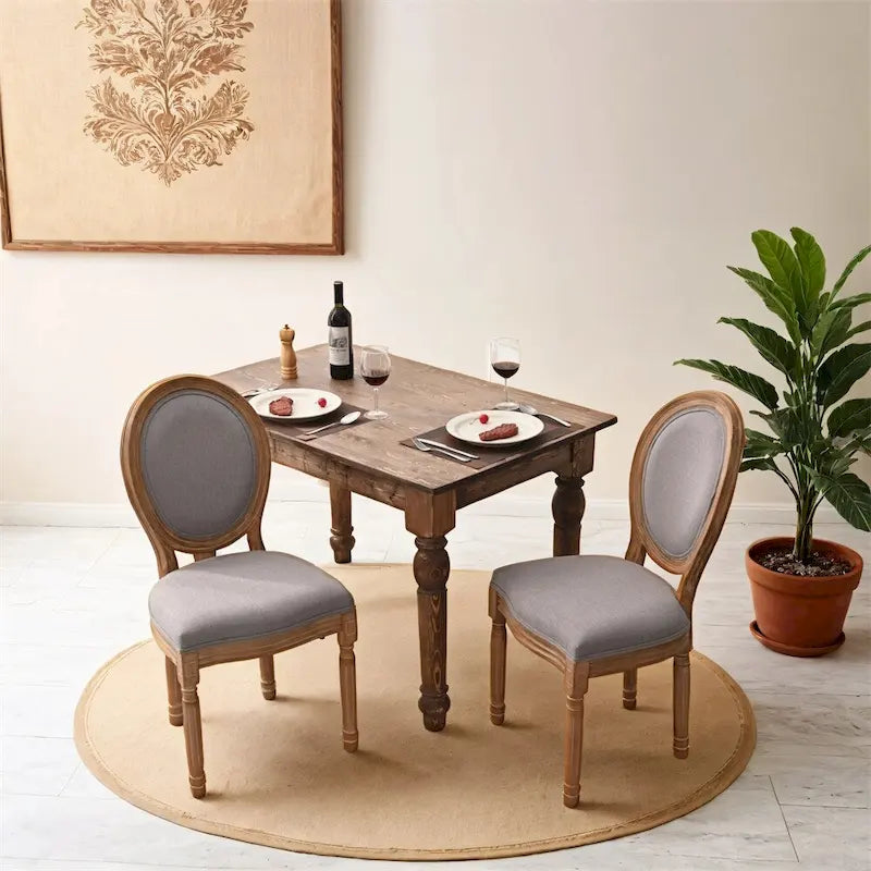 Vintage Round Back Upholstered Dining Chair Rubber Wood Linen Antique Grey Cream