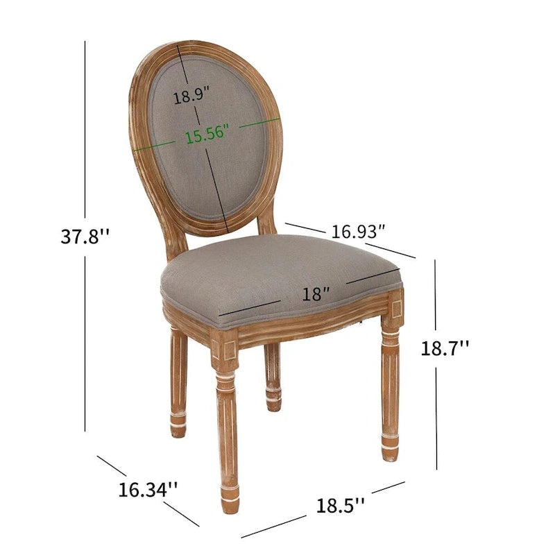 Vintage Round Back Upholstered Dining Chair Rubber Wood Linen Antique Grey Cream