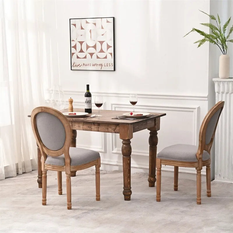 Vintage Round Back Upholstered Dining Chair Rubber Wood Linen Antique Grey Cream
