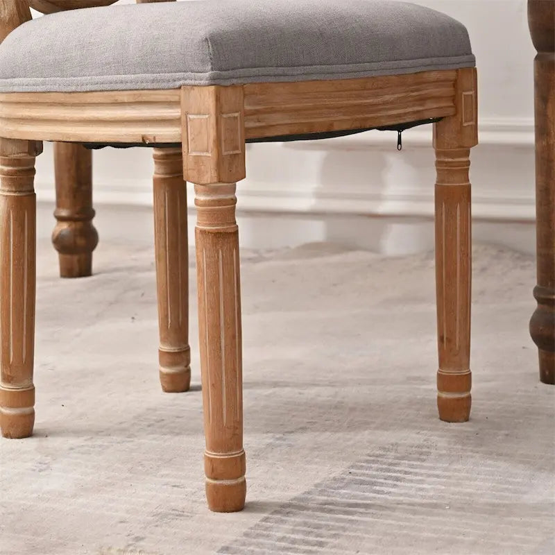 Chaise de salle à manger vintage rembourrée à dossier rond, en bois d'hévéa, lin gris antique crème