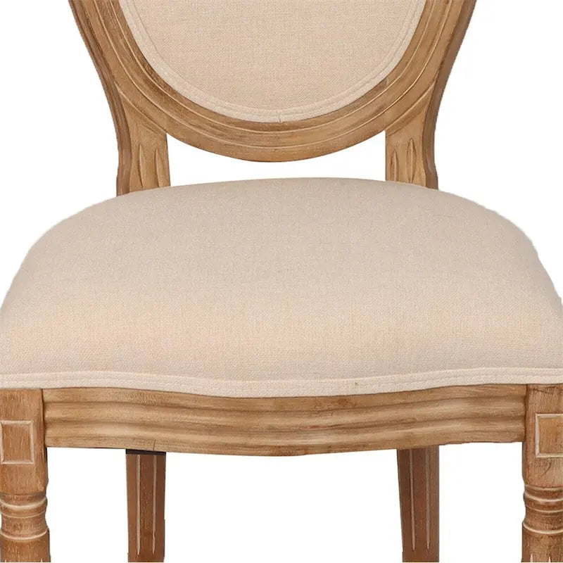 Chaise de salle à manger vintage rembourrée à dossier rond, en bois d'hévéa, lin gris antique crème