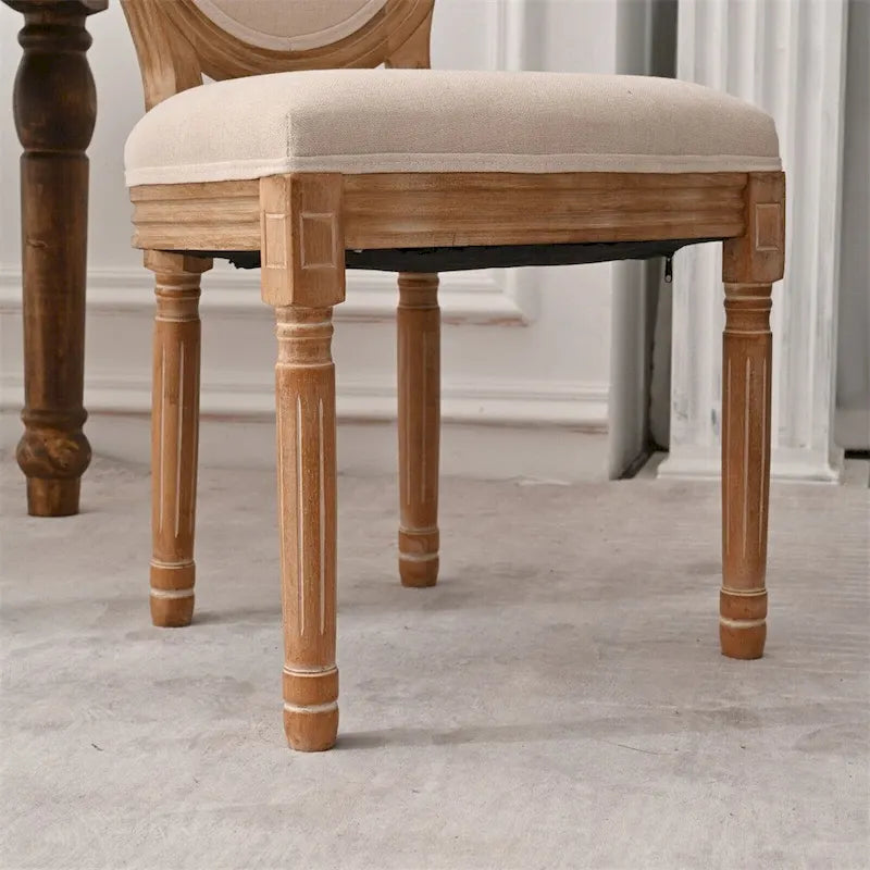 Chaise de salle à manger vintage rembourrée à dossier rond, en bois d'hévéa, lin gris antique crème