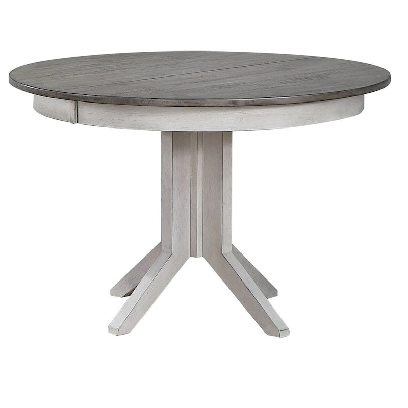 Table de salle à manger ronde à rallonge avec pied central, bois bicolore gris et blanc