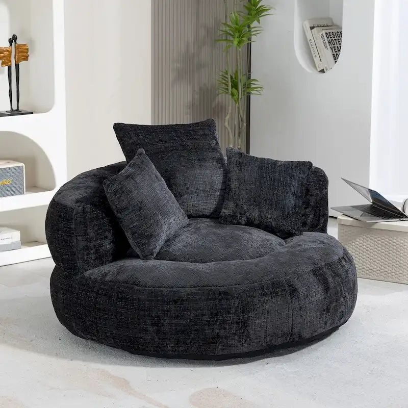 Chenille Upholstered Round Swivel Lounge Chair with High Back Cushions