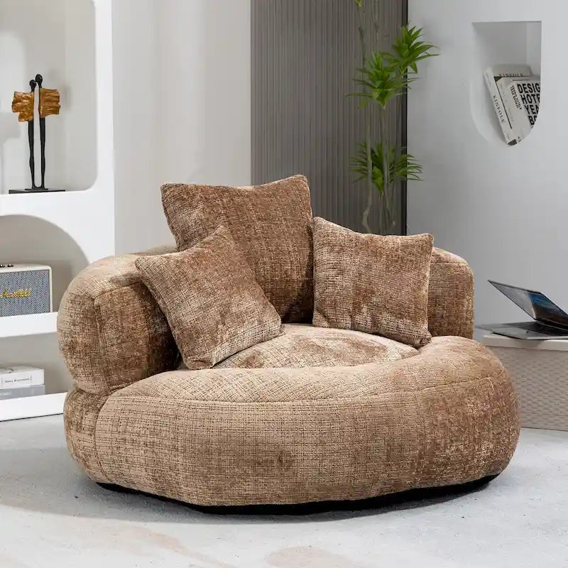 Chenille Upholstered Round Swivel Lounge Chair with High Back Cushions