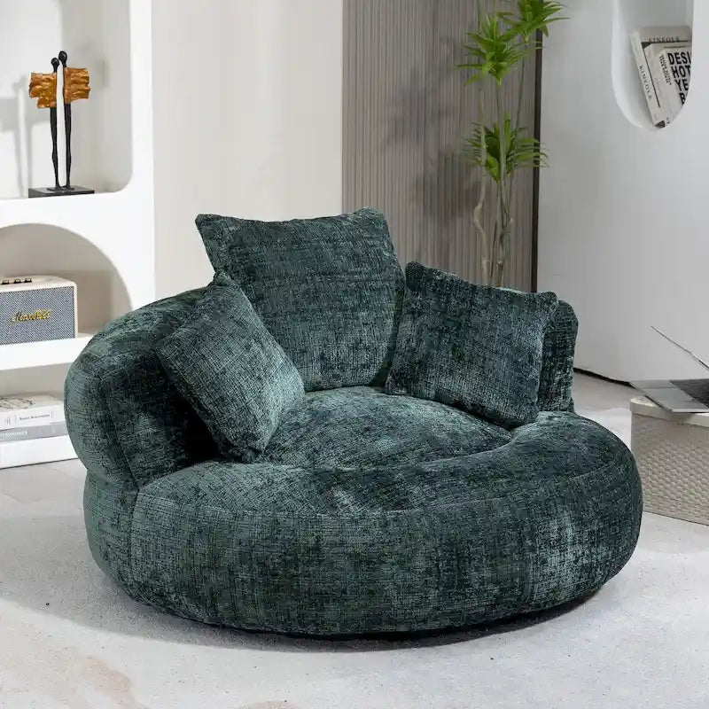 Chenille Upholstered Round Swivel Lounge Chair with High Back Cushions