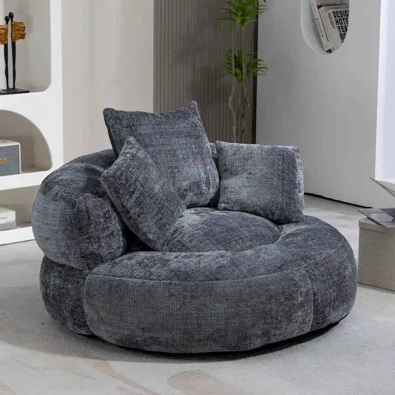Chenille Upholstered Round Swivel Lounge Chair with High Back Cushions
