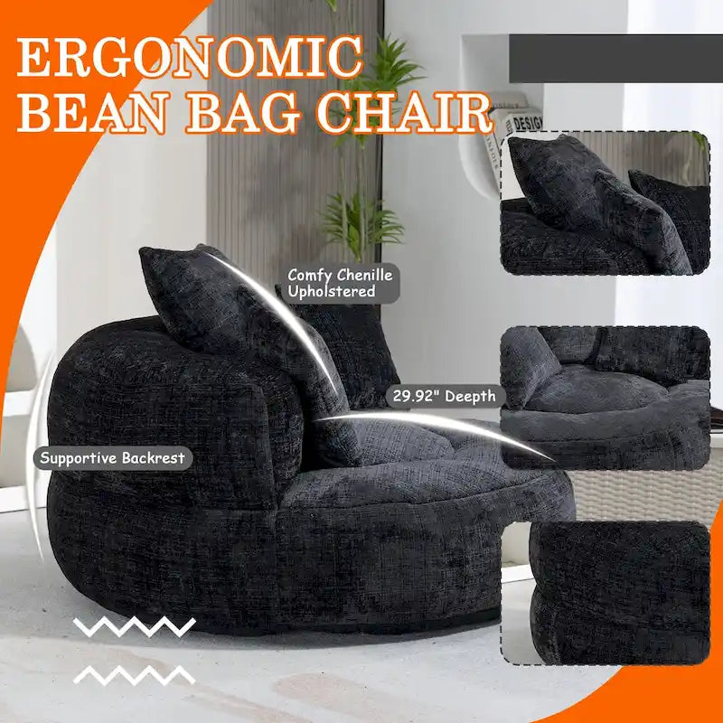 Chenille Upholstered Round Swivel Lounge Chair with High Back Cushions