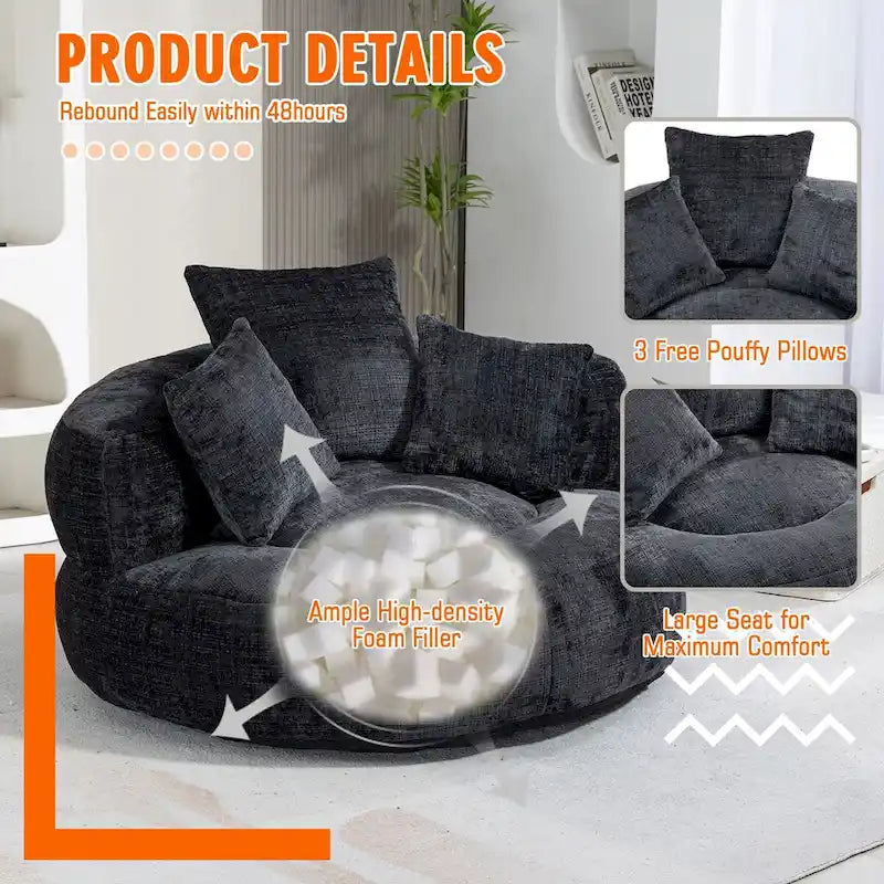Fauteuil lounge rond pivotant en chenille avec coussins de dossier hauts