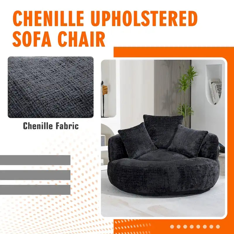 Fauteuil lounge rond pivotant en chenille avec coussins de dossier hauts