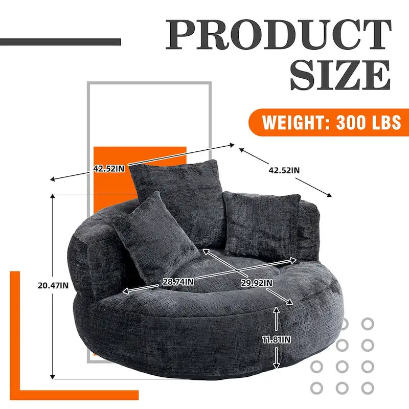 Fauteuil lounge rond pivotant en chenille avec coussins de dossier hauts