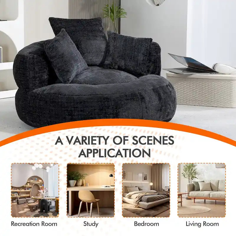 Fauteuil lounge rond pivotant en chenille avec coussins de dossier hauts