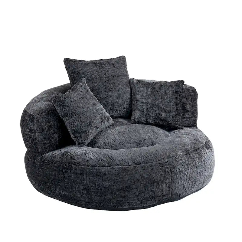 Fauteuil lounge rond pivotant en chenille avec coussins de dossier hauts