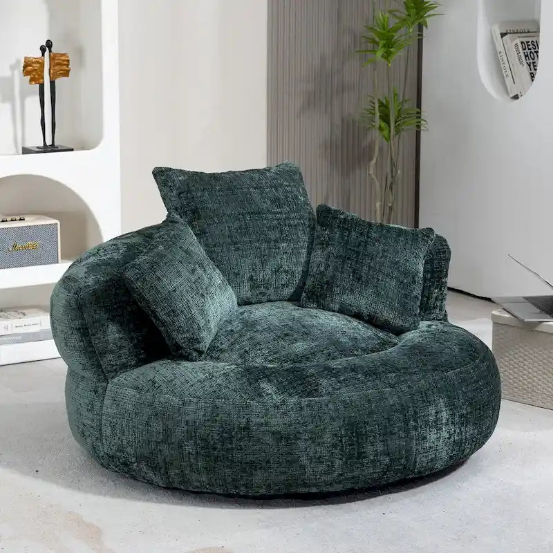 Fauteuil lounge rond pivotant en chenille avec coussins de dossier hauts