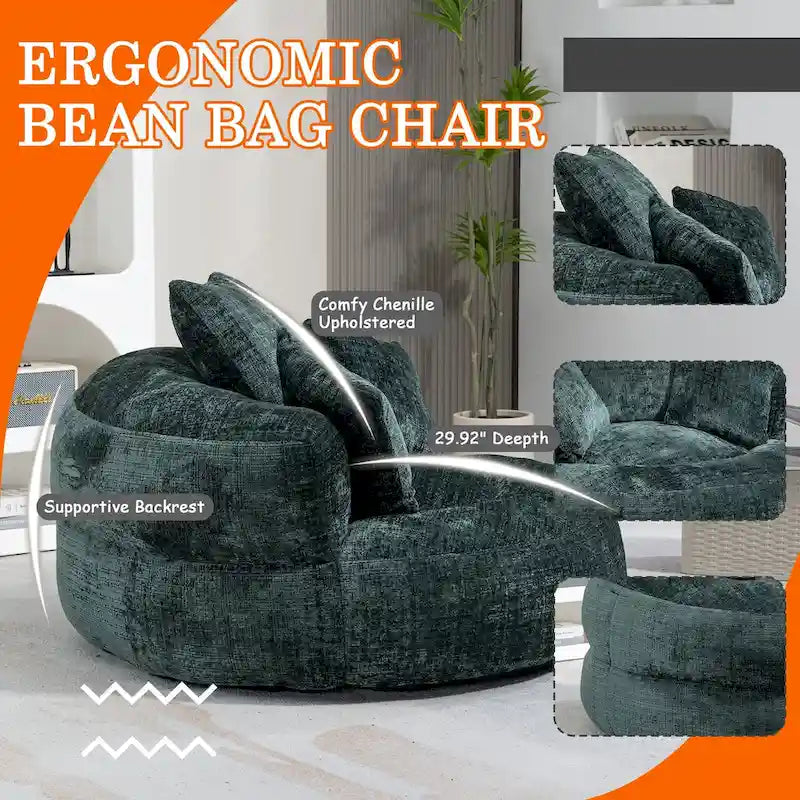 Fauteuil lounge rond pivotant en chenille avec coussins de dossier hauts