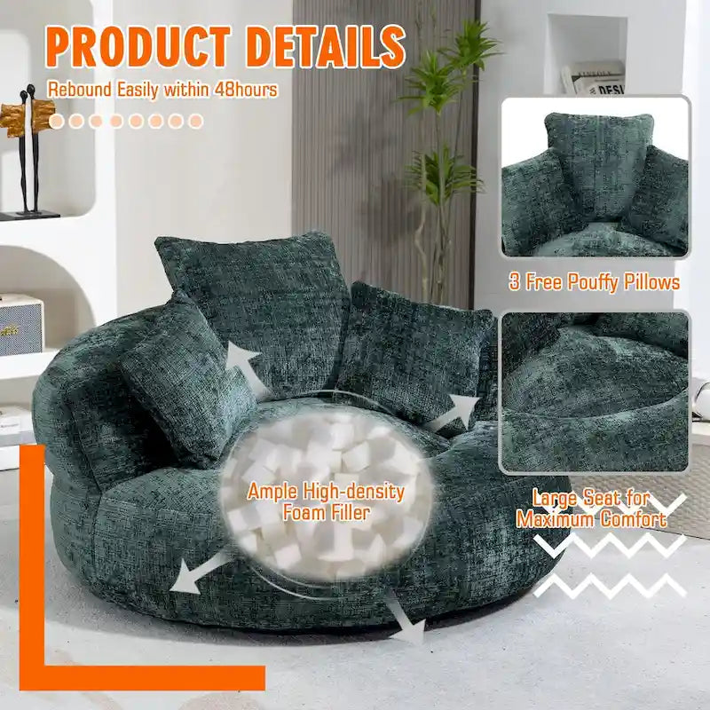 Fauteuil lounge rond pivotant en chenille avec coussins de dossier hauts