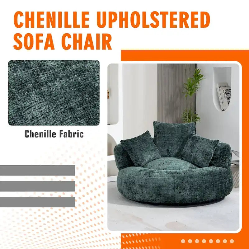 Fauteuil lounge rond pivotant en chenille avec coussins de dossier hauts