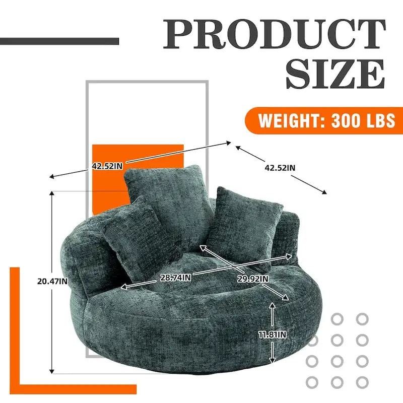 Fauteuil lounge rond pivotant en chenille avec coussins de dossier hauts