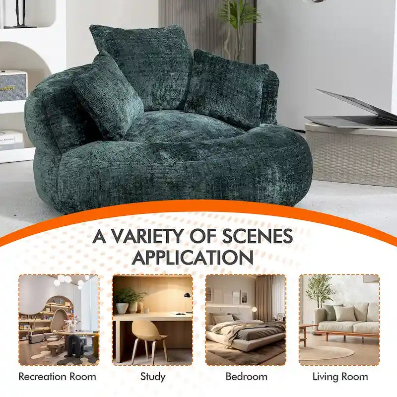 Fauteuil lounge rond pivotant en chenille avec coussins de dossier hauts