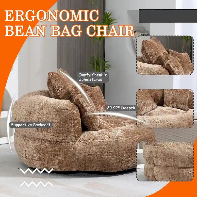 Fauteuil lounge rond pivotant en chenille avec coussins de dossier hauts