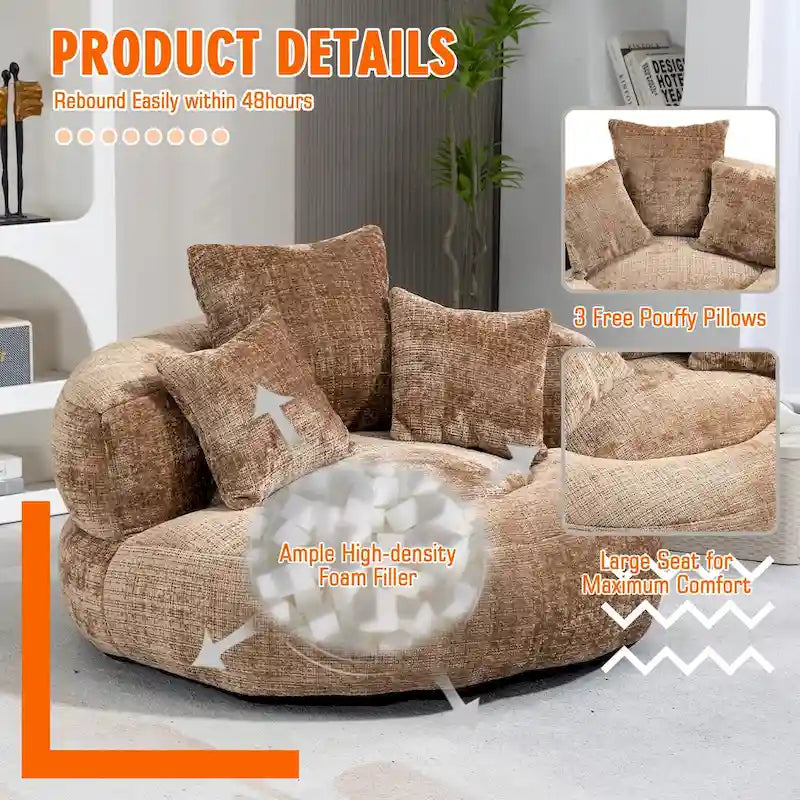 Fauteuil lounge rond pivotant en chenille avec coussins de dossier hauts