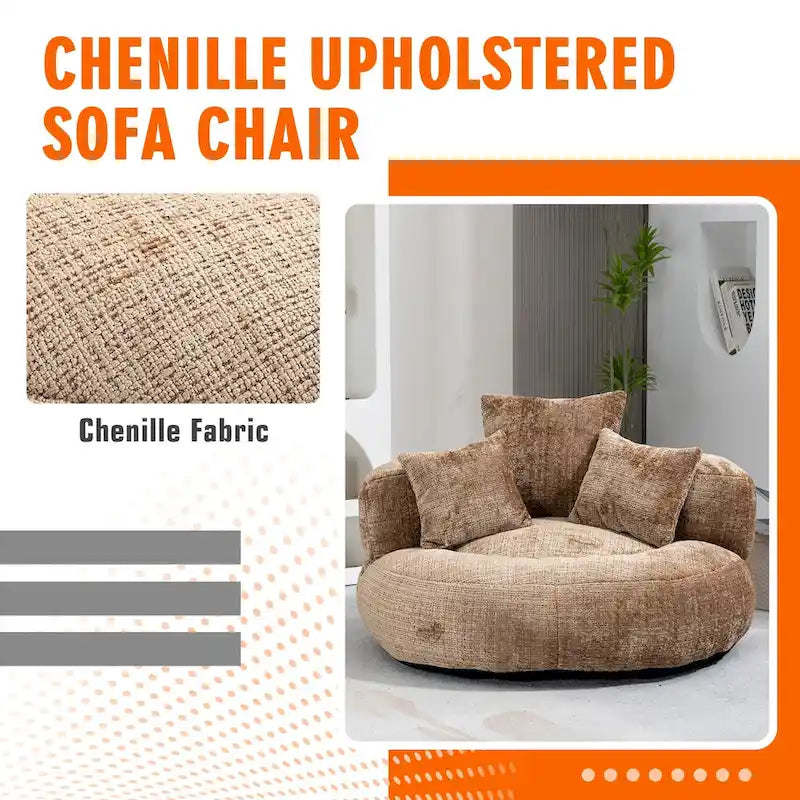 Fauteuil lounge rond pivotant en chenille avec coussins de dossier hauts