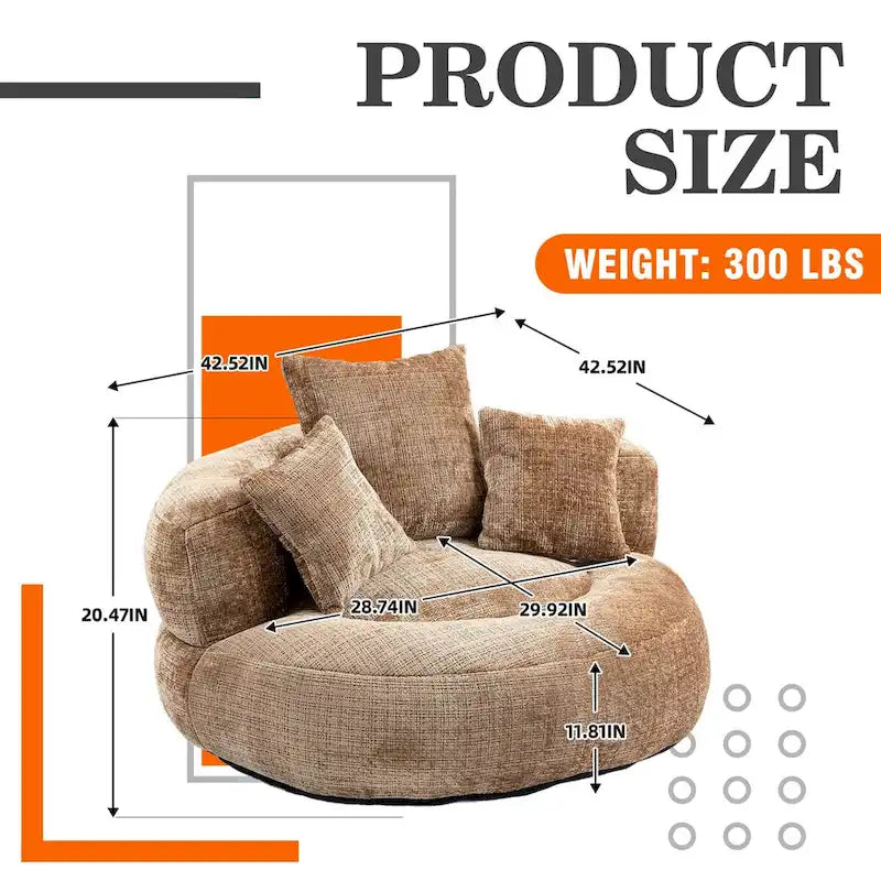 Fauteuil lounge rond pivotant en chenille avec coussins de dossier hauts