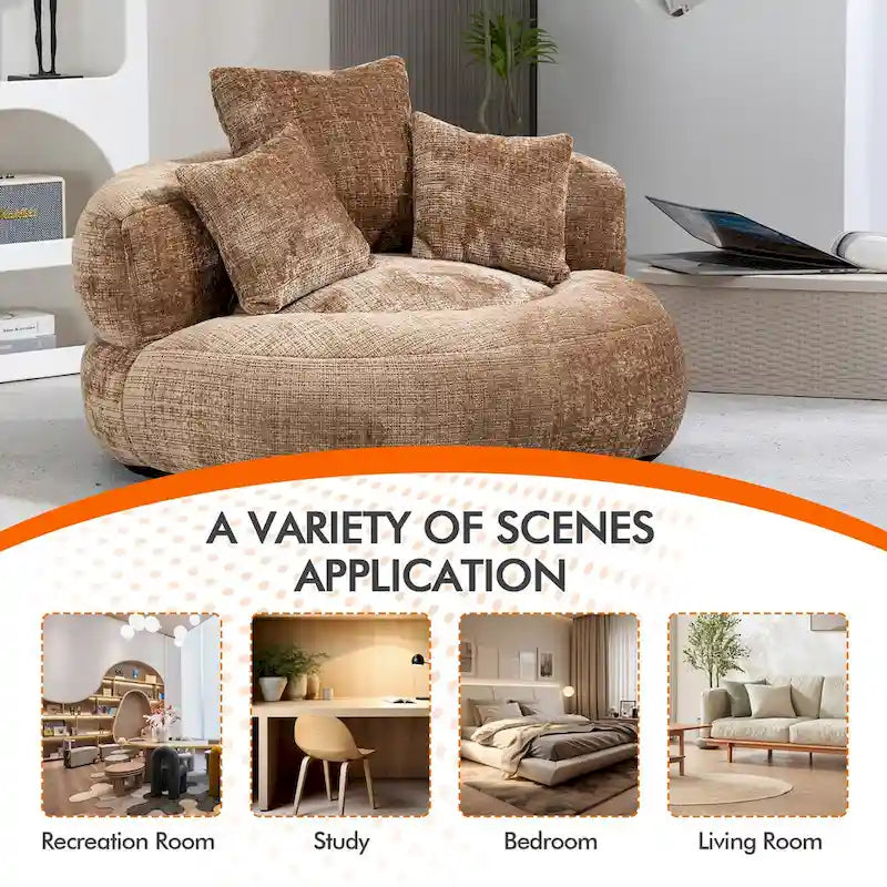 Fauteuil lounge rond pivotant en chenille avec coussins de dossier hauts