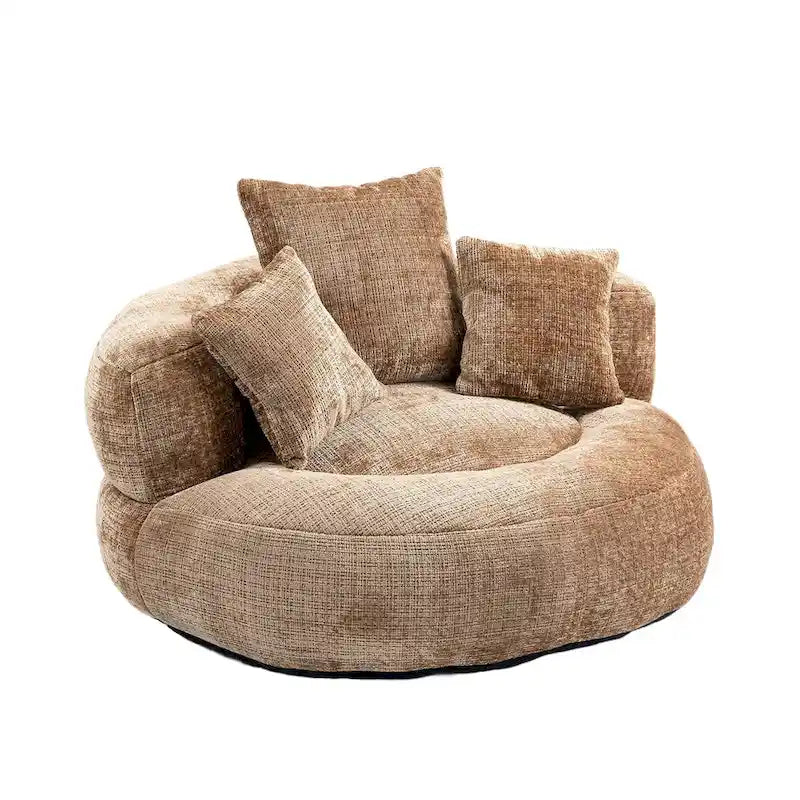 Fauteuil lounge rond pivotant en chenille avec coussins de dossier hauts