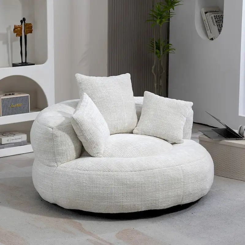 Fauteuil lounge rond pivotant en chenille avec coussins de dossier hauts