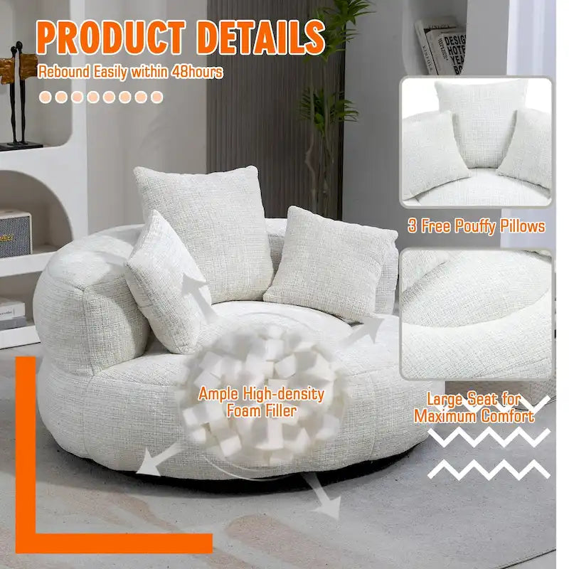 Fauteuil lounge rond pivotant en chenille avec coussins de dossier hauts