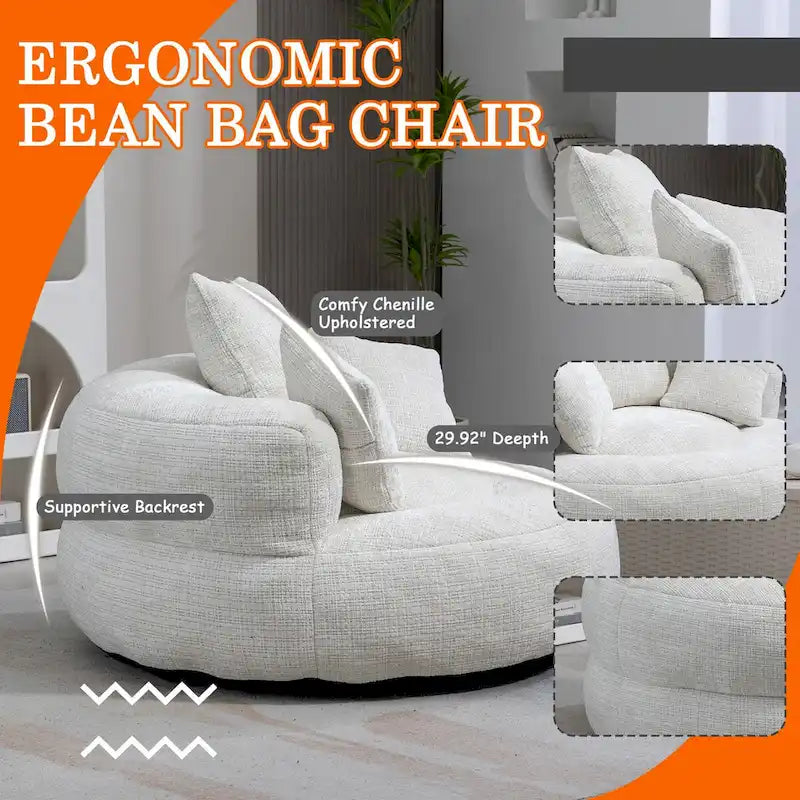 Fauteuil lounge rond pivotant en chenille avec coussins de dossier hauts