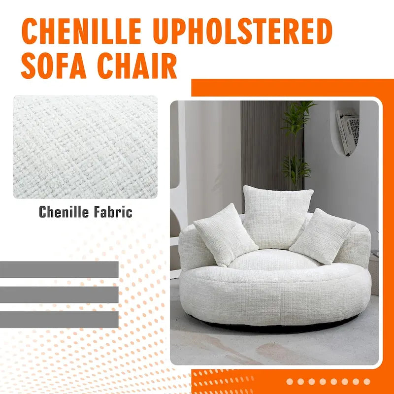 Fauteuil lounge rond pivotant en chenille avec coussins de dossier hauts