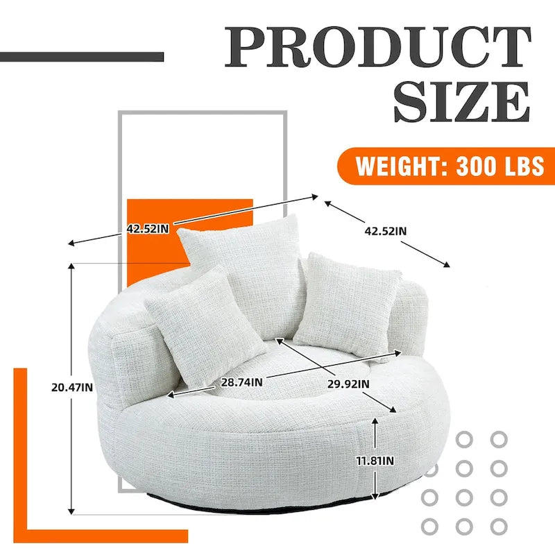 Fauteuil lounge rond pivotant en chenille avec coussins de dossier hauts