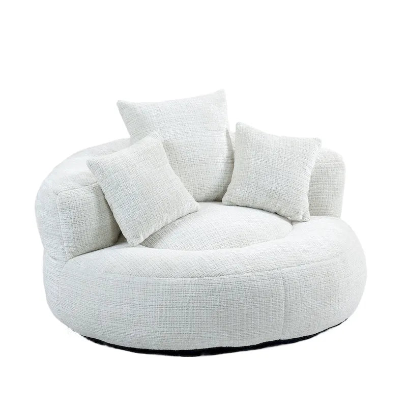 Fauteuil lounge rond pivotant en chenille avec coussins de dossier hauts