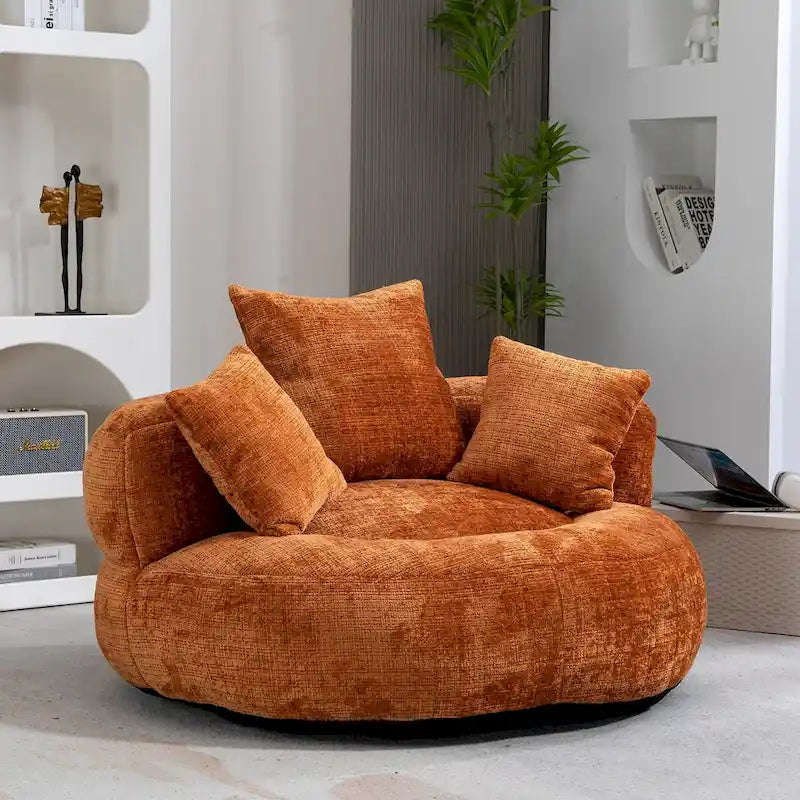 Fauteuil lounge rond pivotant en chenille avec coussins de dossier hauts