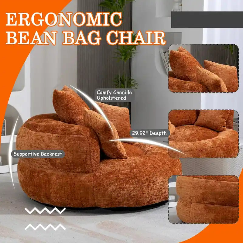 Fauteuil lounge rond pivotant en chenille avec coussins de dossier hauts