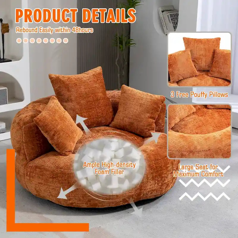 Fauteuil lounge rond pivotant en chenille avec coussins de dossier hauts