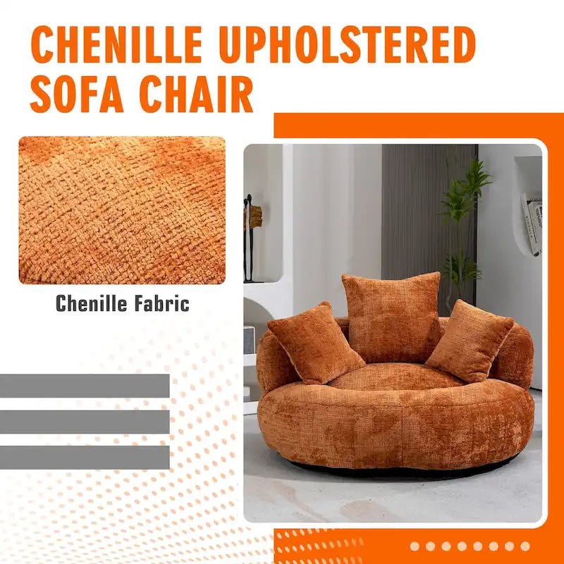 Fauteuil lounge rond pivotant en chenille avec coussins de dossier hauts