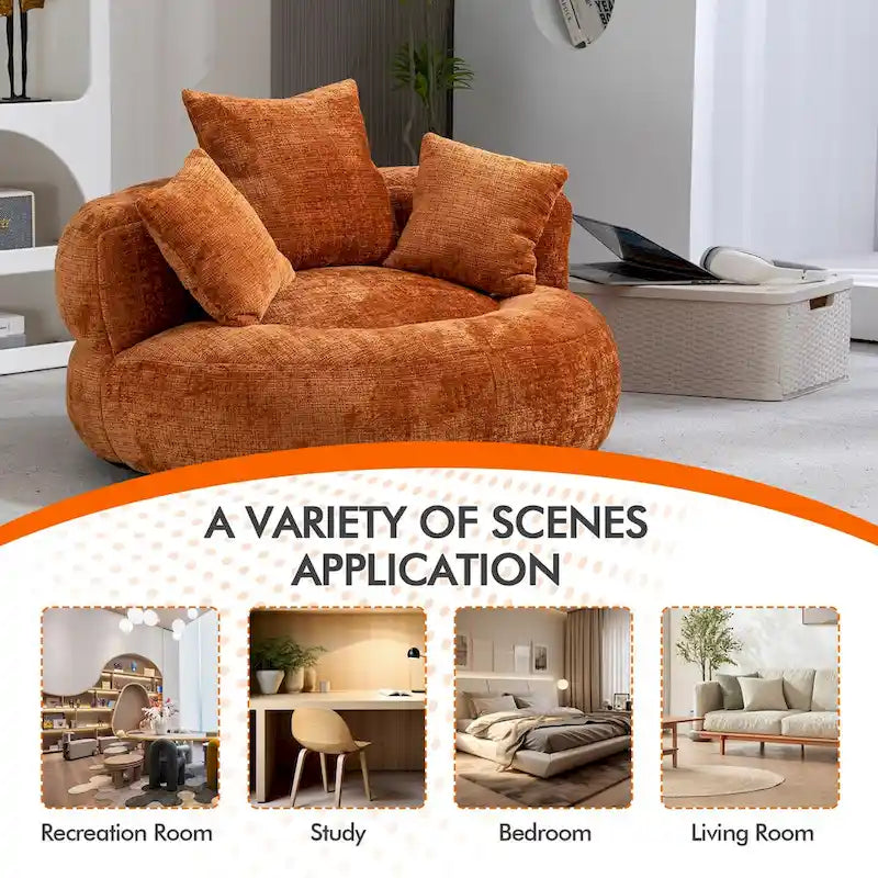 Fauteuil lounge rond pivotant en chenille avec coussins de dossier hauts