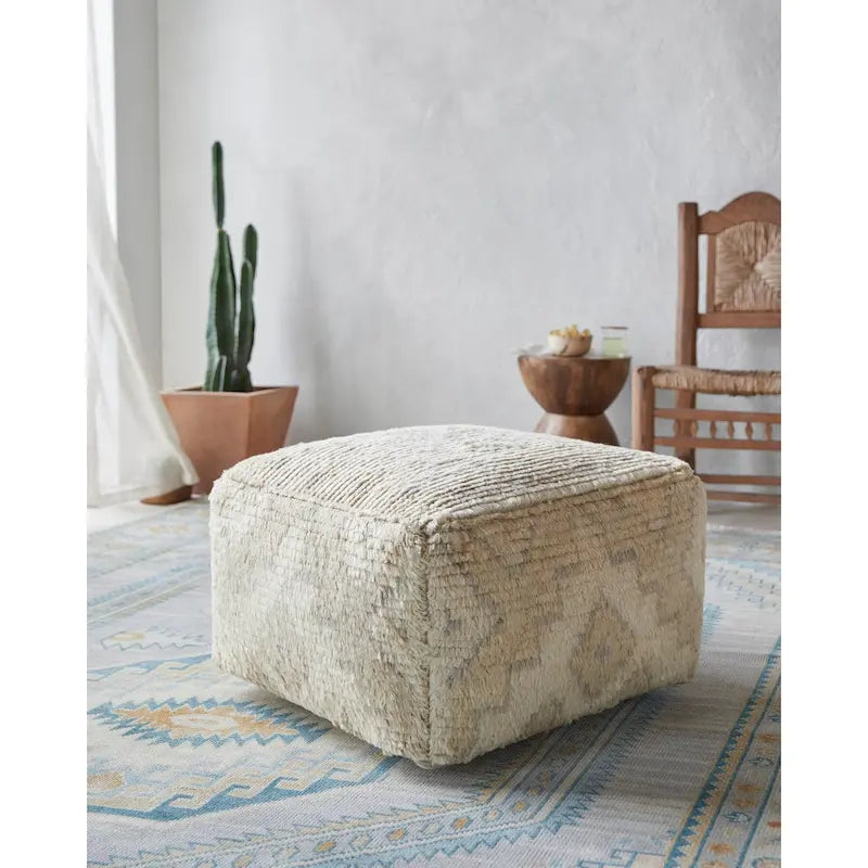 Square Shag Hand Knotted Wool Cotton Floor Pouf Ottoman Taupe