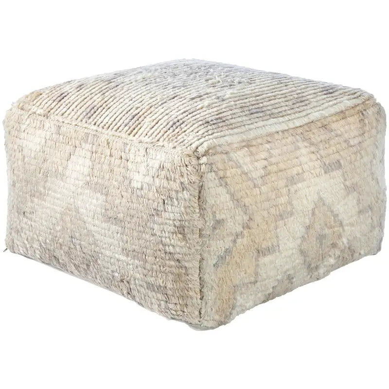 Square Shag Hand Knotted Wool Cotton Floor Pouf Ottoman Taupe
