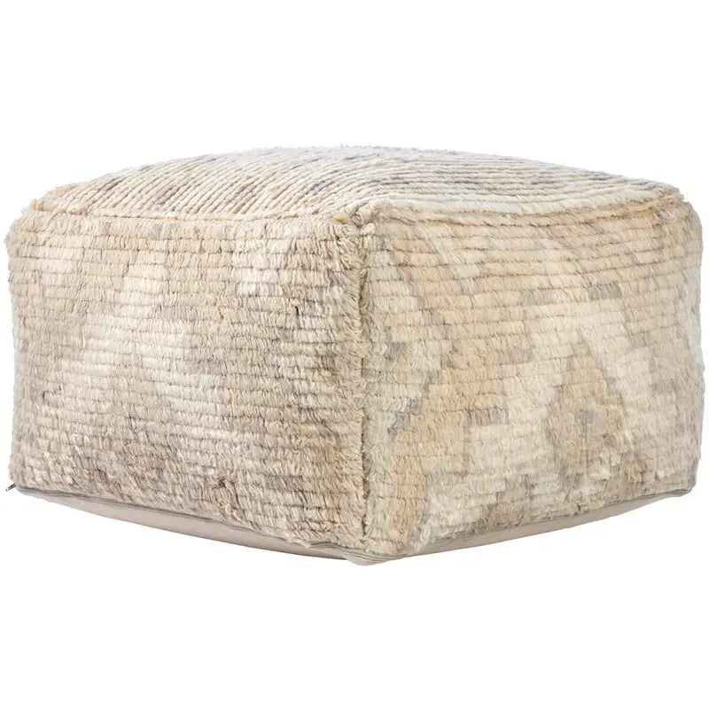 Square Shag Hand Knotted Wool Cotton Floor Pouf Ottoman Taupe