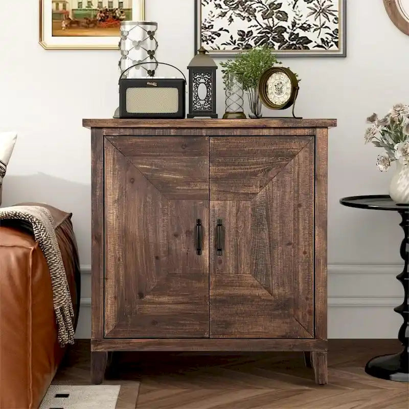 Brown Rustic Wood Geometric Double Door Storage Cabinet with Interior Shelf