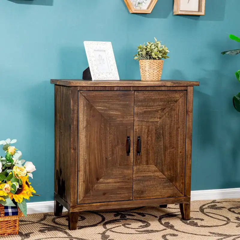 Brown Rustic Wood Geometric Double Door Storage Cabinet with Interior Shelf