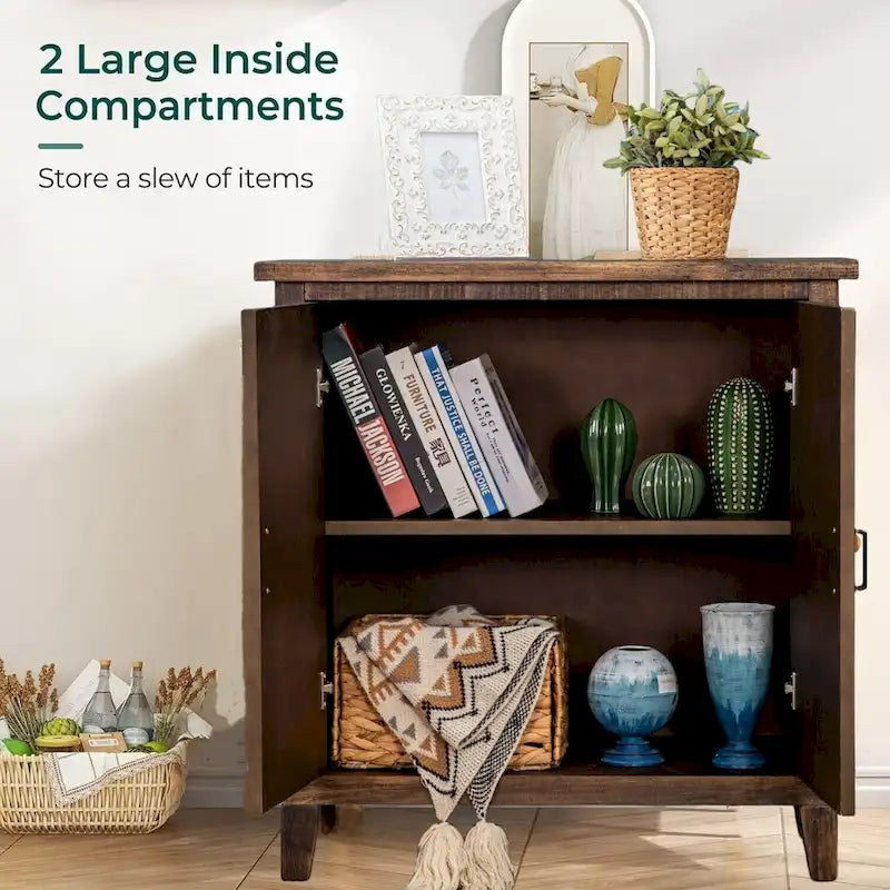 Meuble de rangement à double porte géométrique en bois rustique marron avec étagère intérieure